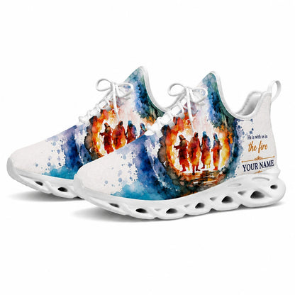 Studio 3/4 angle of gym sneakers featuring the faith-in-fire watercolor design on white soles