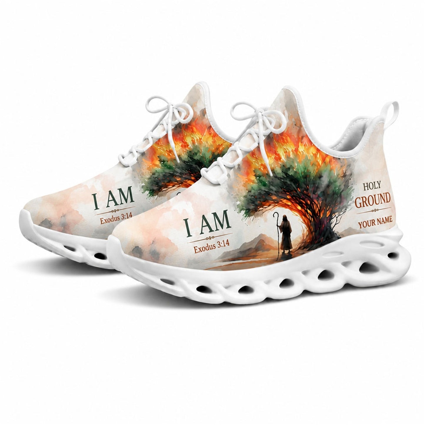 Studio 3/4 angle of gym sneakers featuring a burning bush and "I AM" scripture on white soles