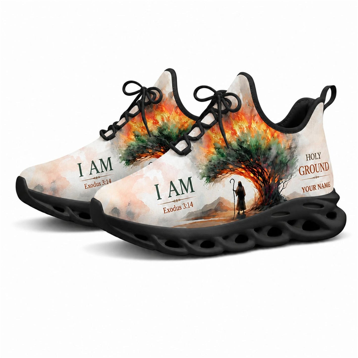 Angled studio shot of black-soled religious footwear featuring the burning bush motif