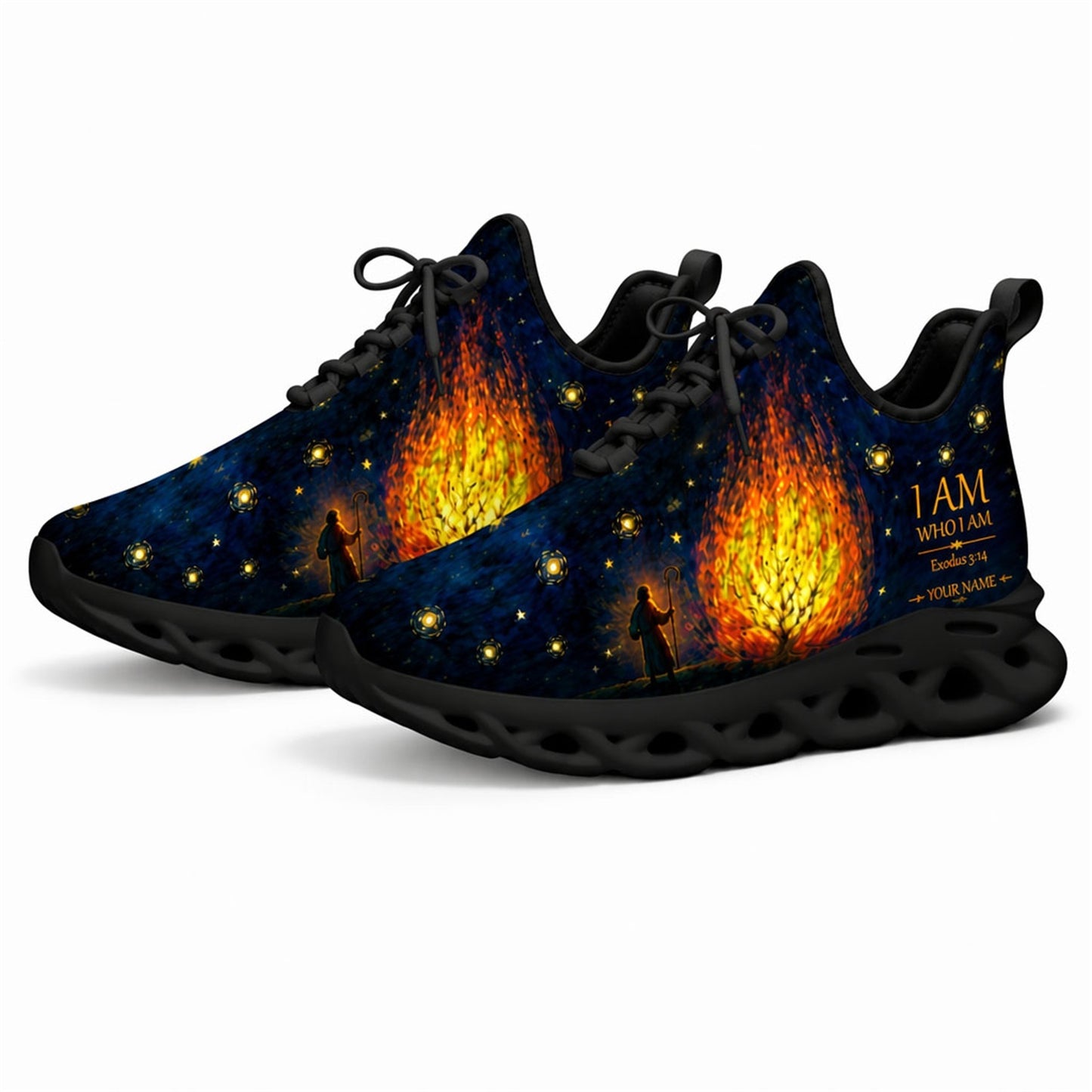 Angled studio shot of black-soled religious footwear featuring the burning bush motif in a starry night