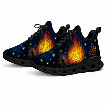 Angled studio shot of black-soled religious footwear featuring the burning bush motif in a starry night