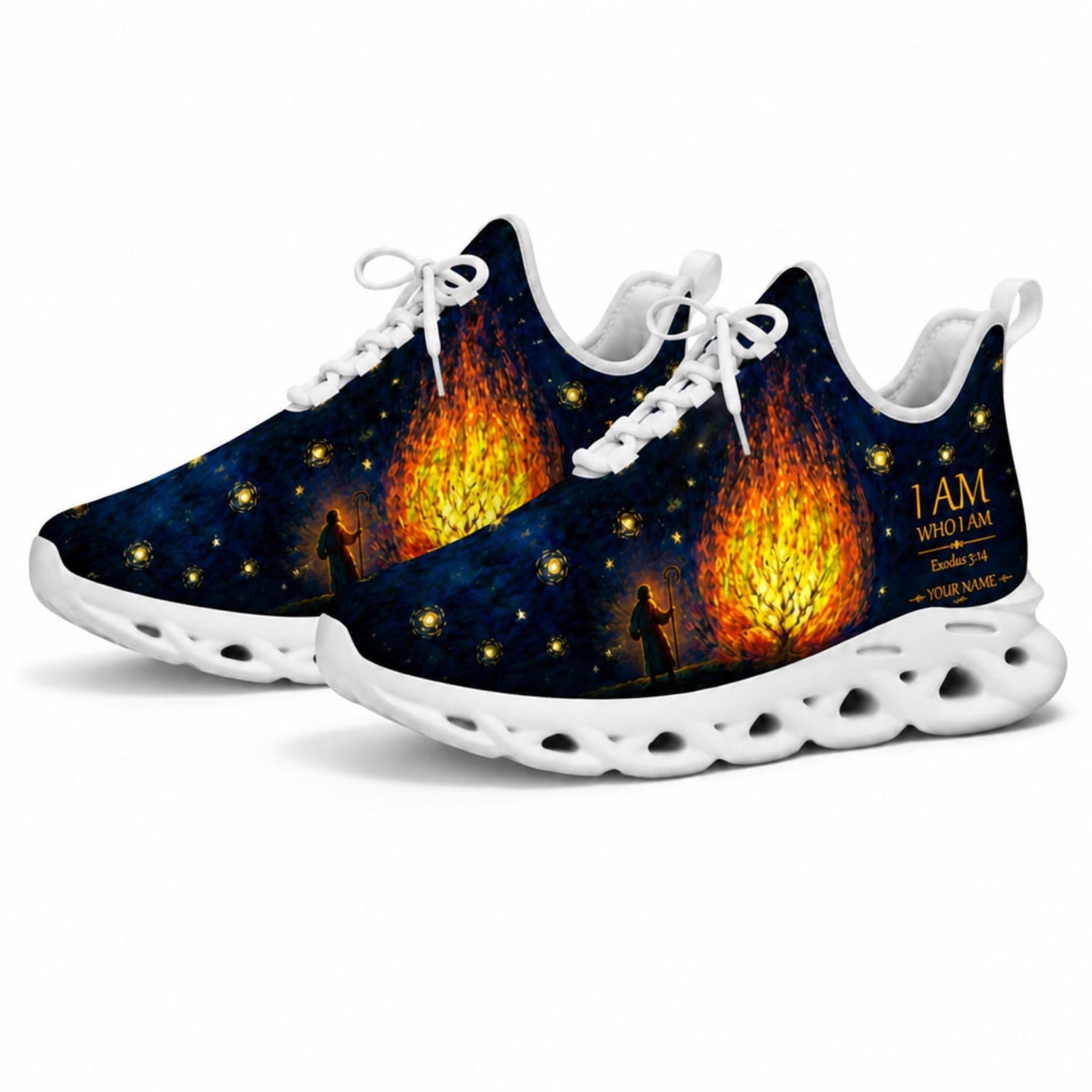 Studio 3/4 angle of gym sneakers featuring a burning bush design on white soles