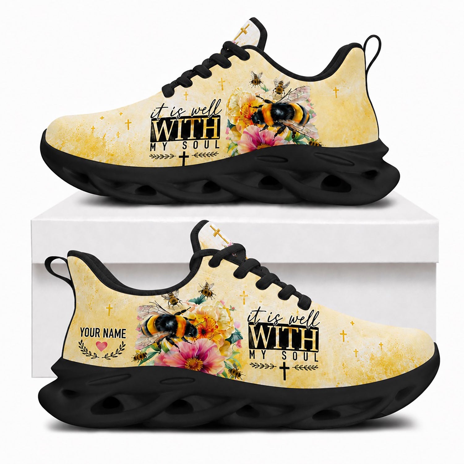 Side view of It Is Well With My Soul Max Soul Shoes in black sole displaying the personalized custom name field