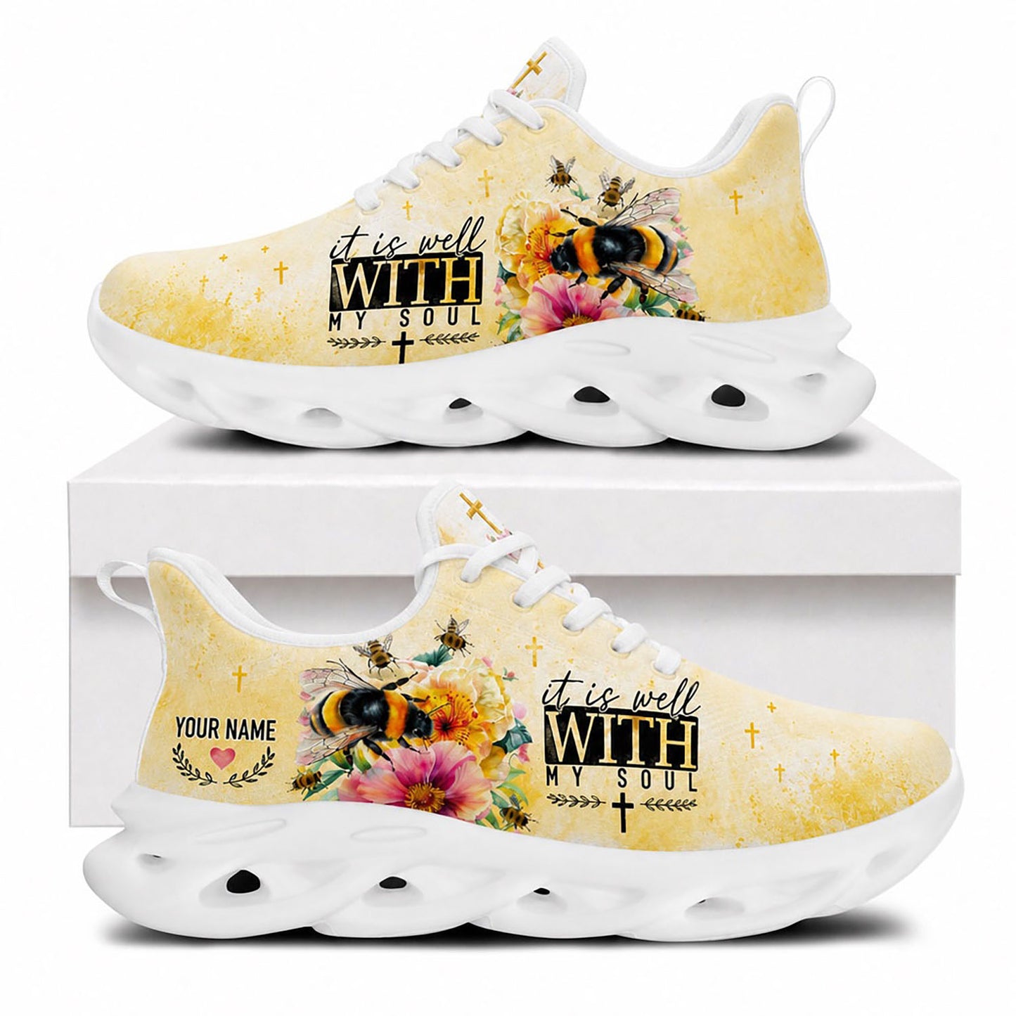 Side view of It Is Well With My Soul Max Soul Shoes in white sole featuring christian bumblebee and floral design