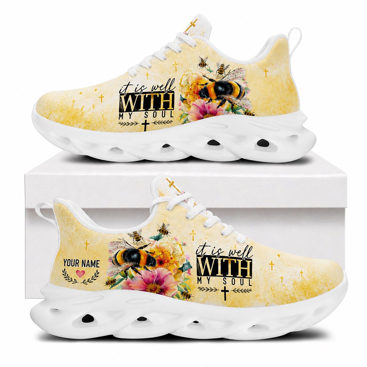 Side view of It Is Well With My Soul Max Soul Shoes in white sole featuring christian bumblebee and floral design