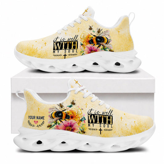 Side view of It Is Well With My Soul Max Soul Shoes in white sole featuring christian bumblebee and floral design