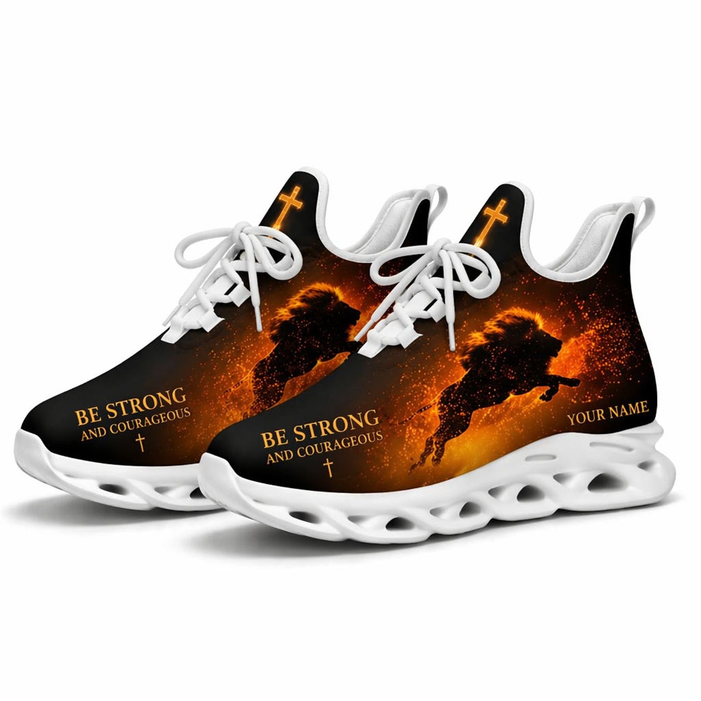 Studio 3/4 angle of the Jesus Christ Be Strong and Courageous sports sneakers with white soles, displaying the premium fly-knit upper design