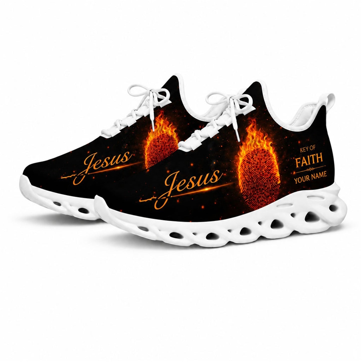Studio 3/4 angle of Jesus Christ gym sneakers featuring a burning fingerprint design on white soles