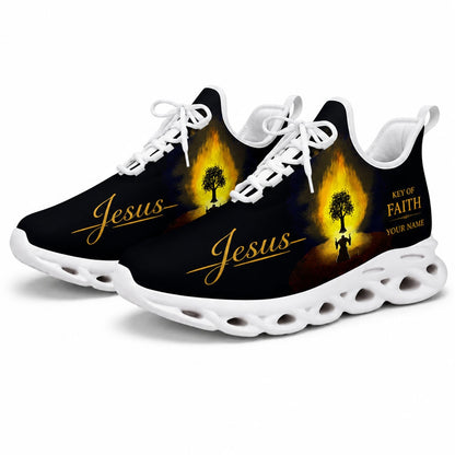 Studio 3/4 angle of Jesus Christ gym sneakers featuring a burning tree prayer design on white soles
