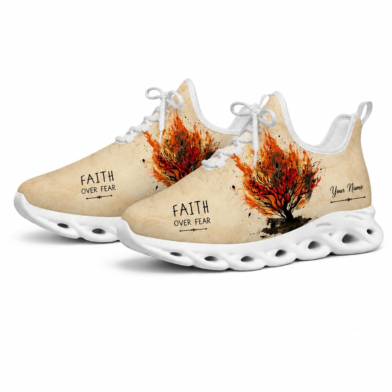 Studio 3/4 angle of Jesus Christ gym sneakers featuring a burning tree graphic on white soles