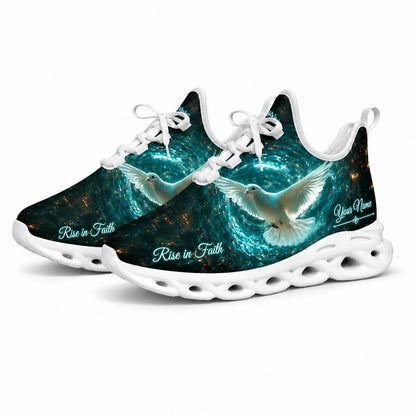 Studio 3/4 angle of Jesus Christ gym sneakers featuring a holy dove in a cosmic vortex on white soles