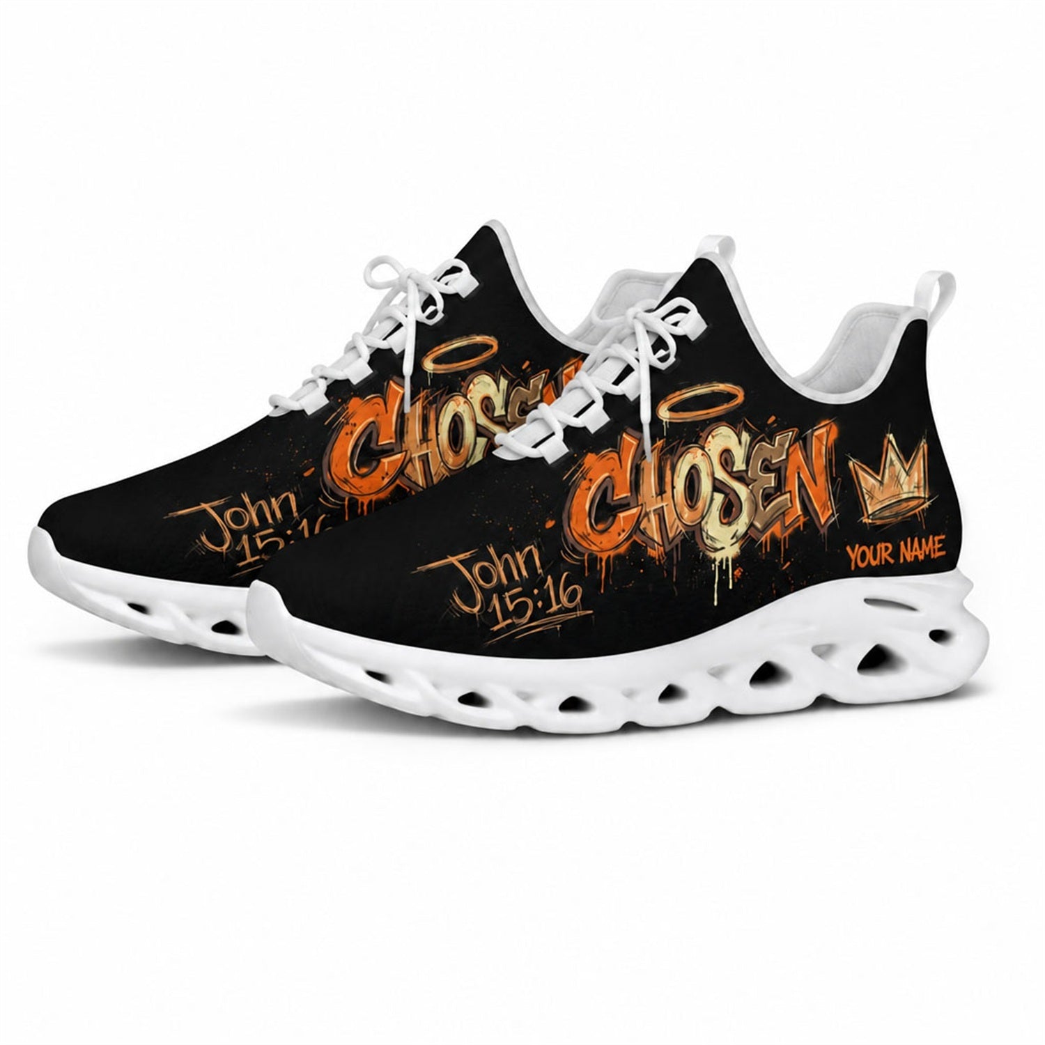 Studio 3/4 angle of Jesus Christ Chosen style sports sneakers with flexible white running soles