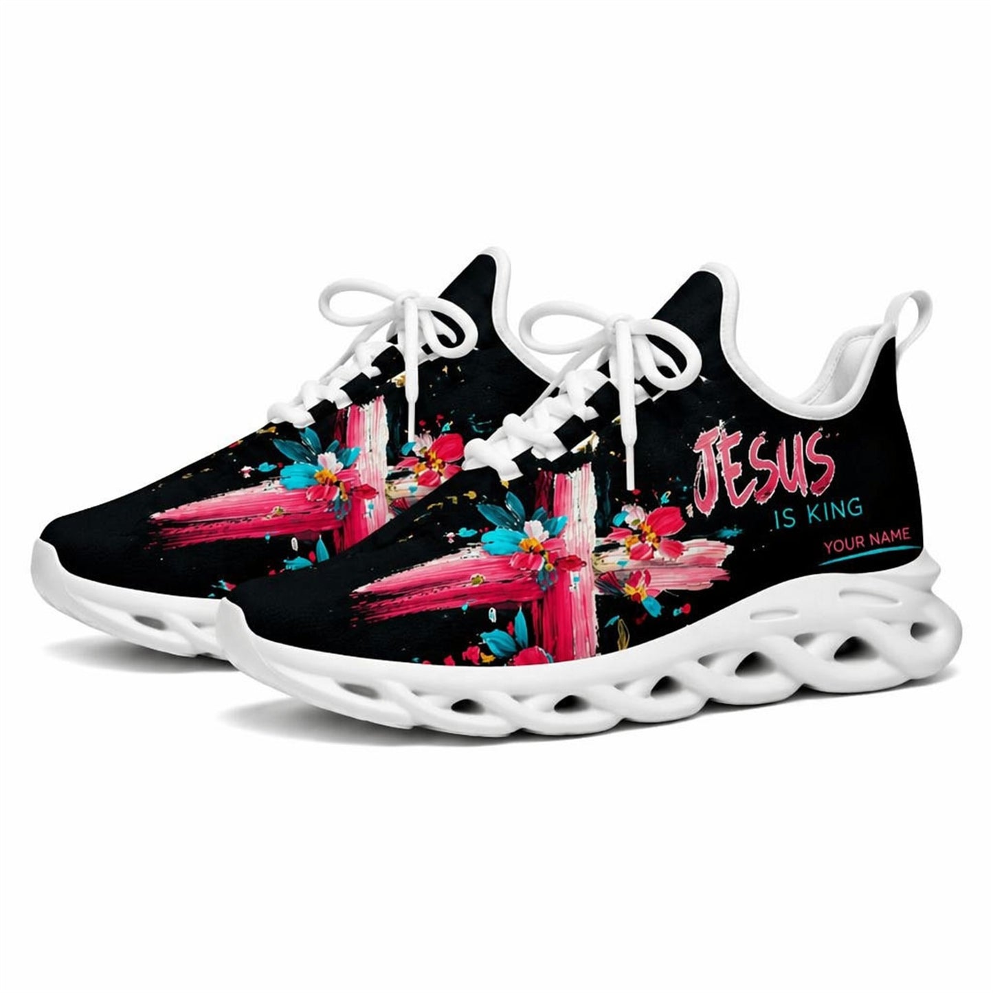 Studio 3/4 angle of Jesus Christ sports sneakers featuring vibrant floral brushstroke art on white soles