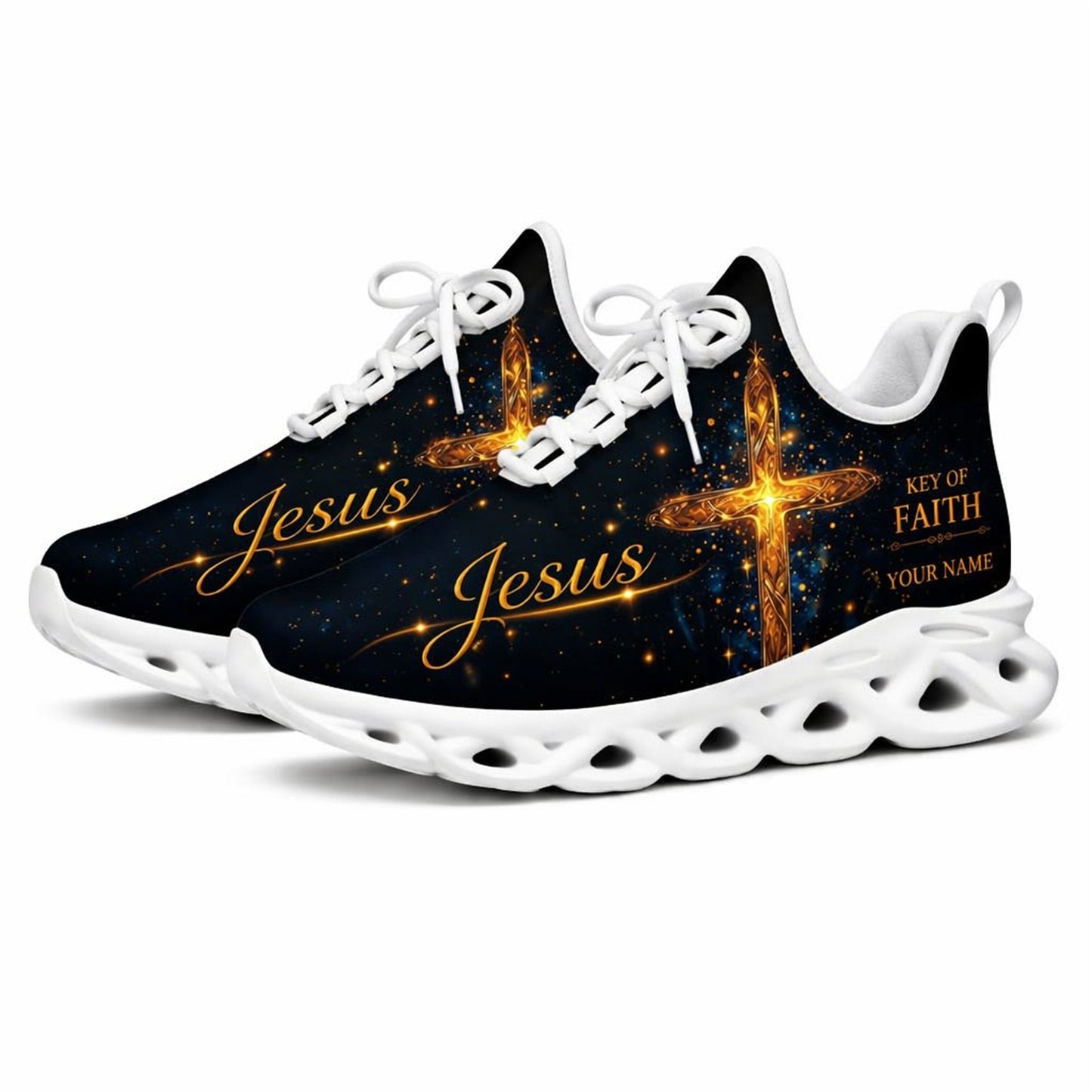 Studio 3/4 angle of Jesus Christ gym sneakers featuring a golden cross graphic on white soles