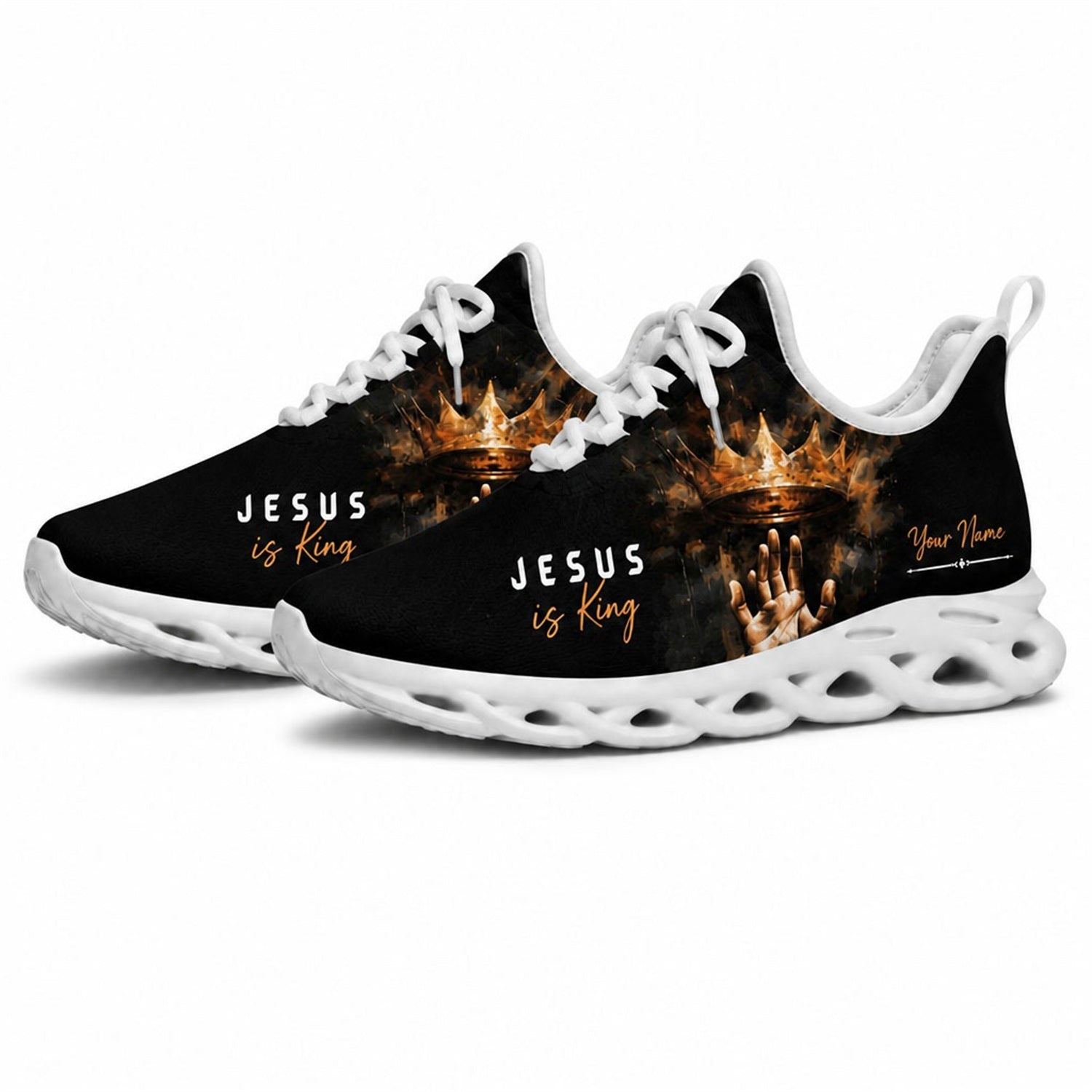 Studio 3/4 angle of Jesus Christ gym sneakers featuring a crown graphic on white soles