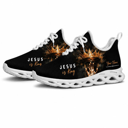 Studio 3/4 angle of Jesus Christ gym sneakers featuring a crown graphic on white soles