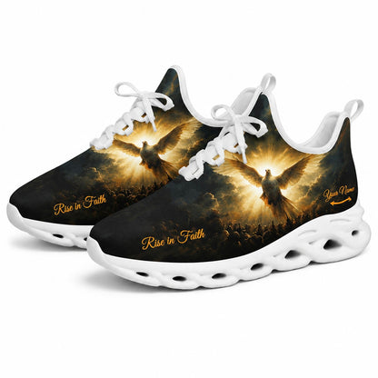 Studio 3/4 angle of Jesus Christ gym sneakers featuring a holy dove in a bright divine halo on white soles