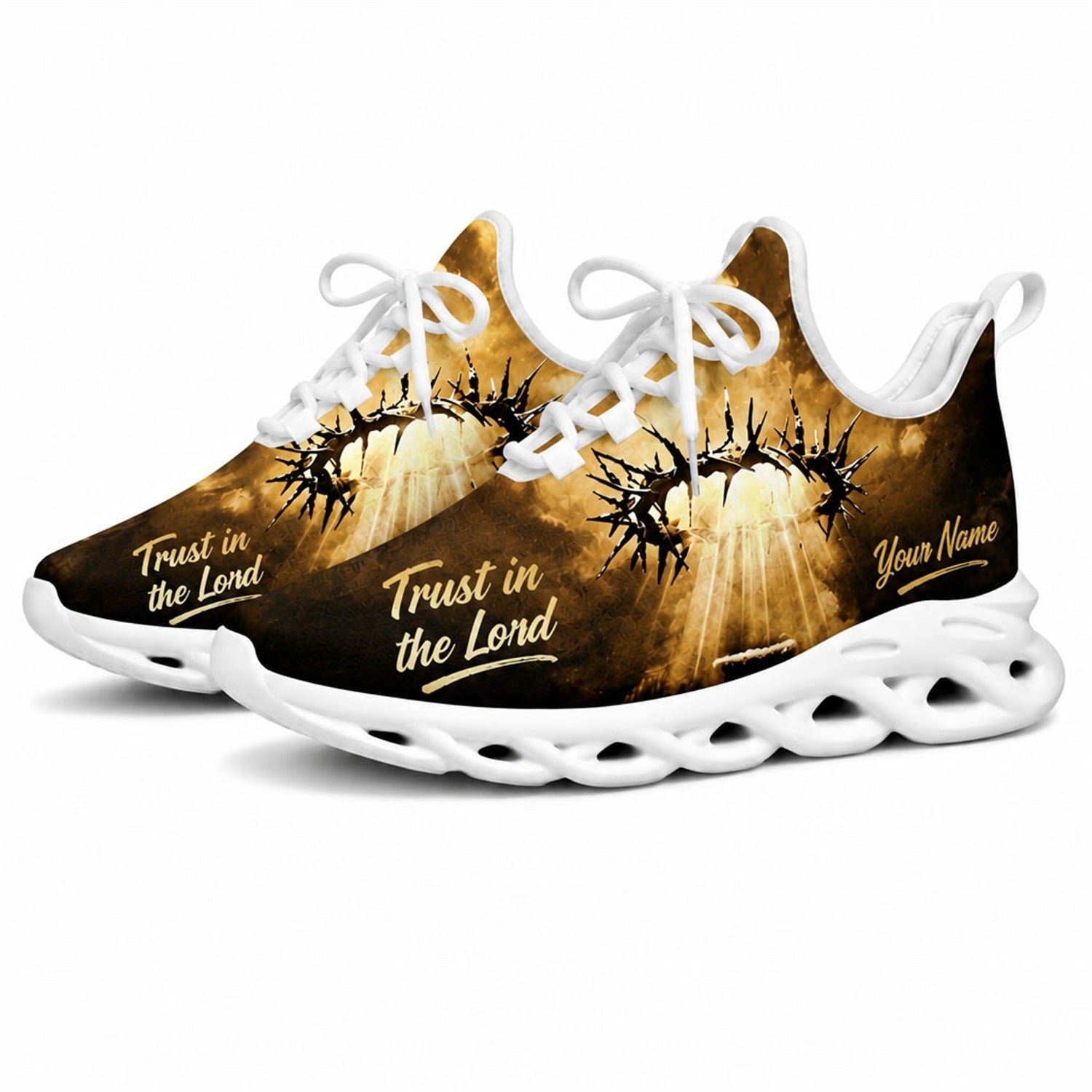 Studio 3/4 angle of Jesus Christ sports sneakers featuring magnificent heaven light ray graphics on white outsoles