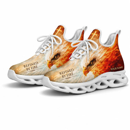 Studio 3/4 angle of the Jesus Christ eagle portrait sports sneakers with white soles, displaying the beautiful high-contrast flame colors