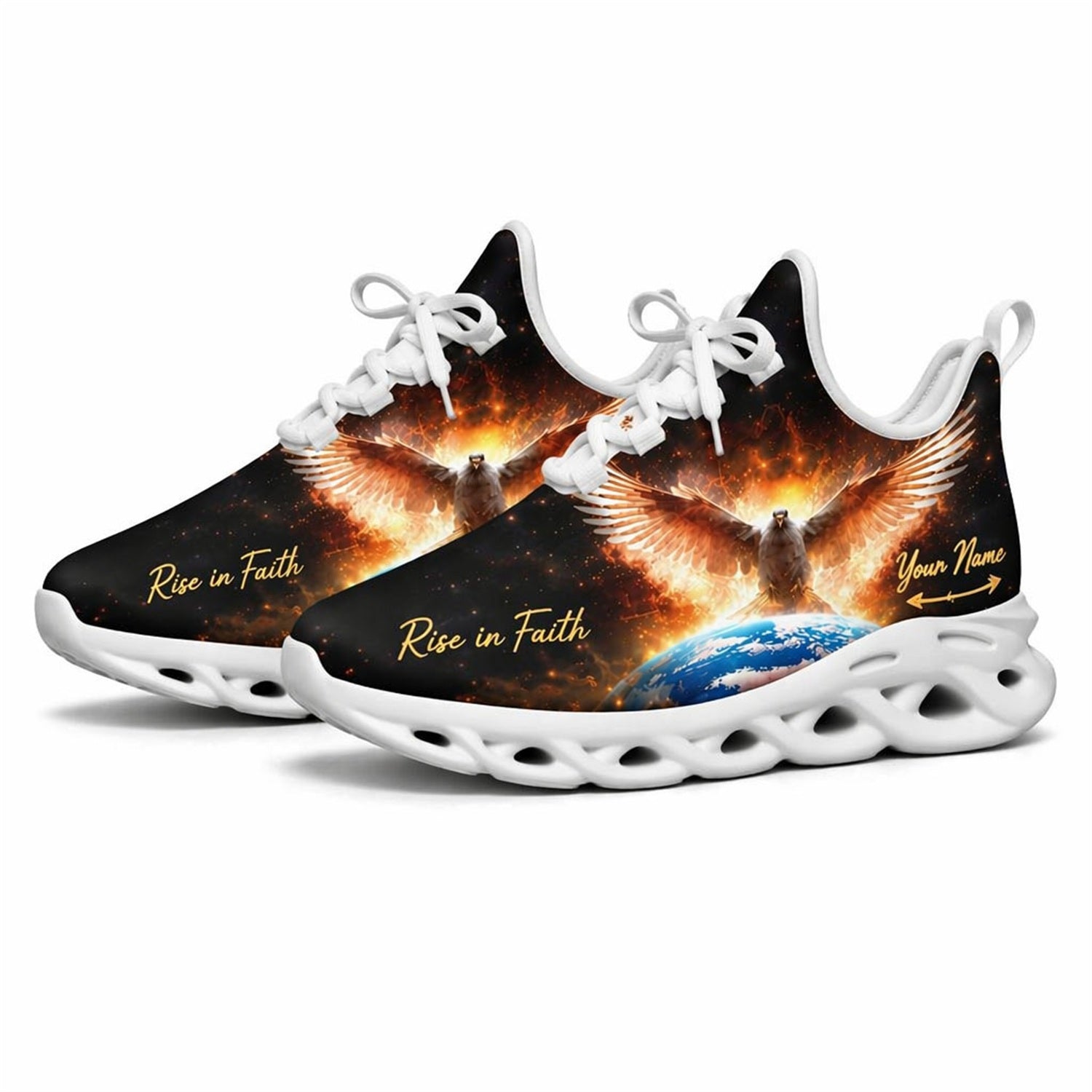 Studio 3/4 angle of Jesus Christ gym sneakers featuring a majestic eagle above Earth on white soles