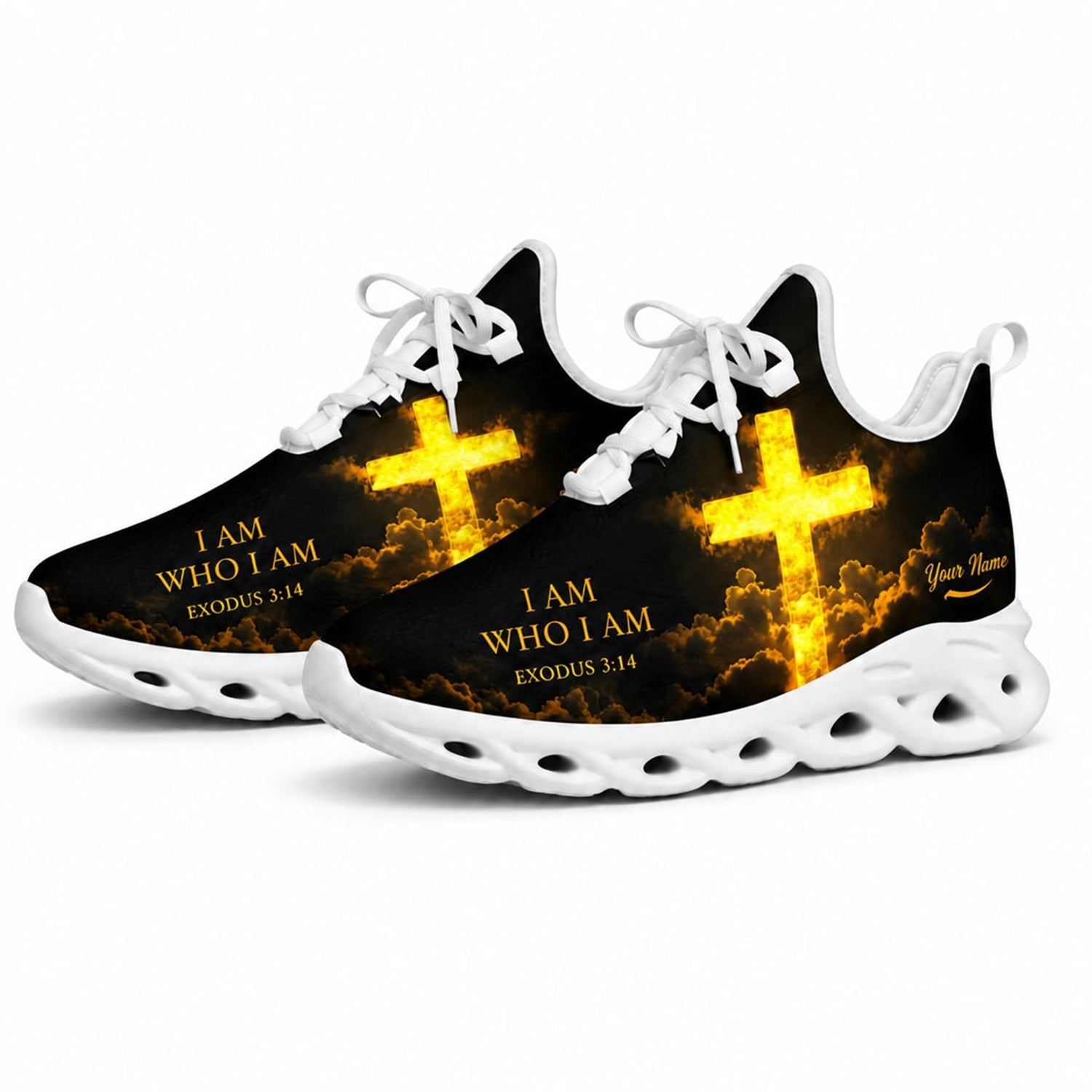 Studio 3/4 angle of Jesus Christ sports shoes featuring an majestic golden cross and holy clouds on white soles