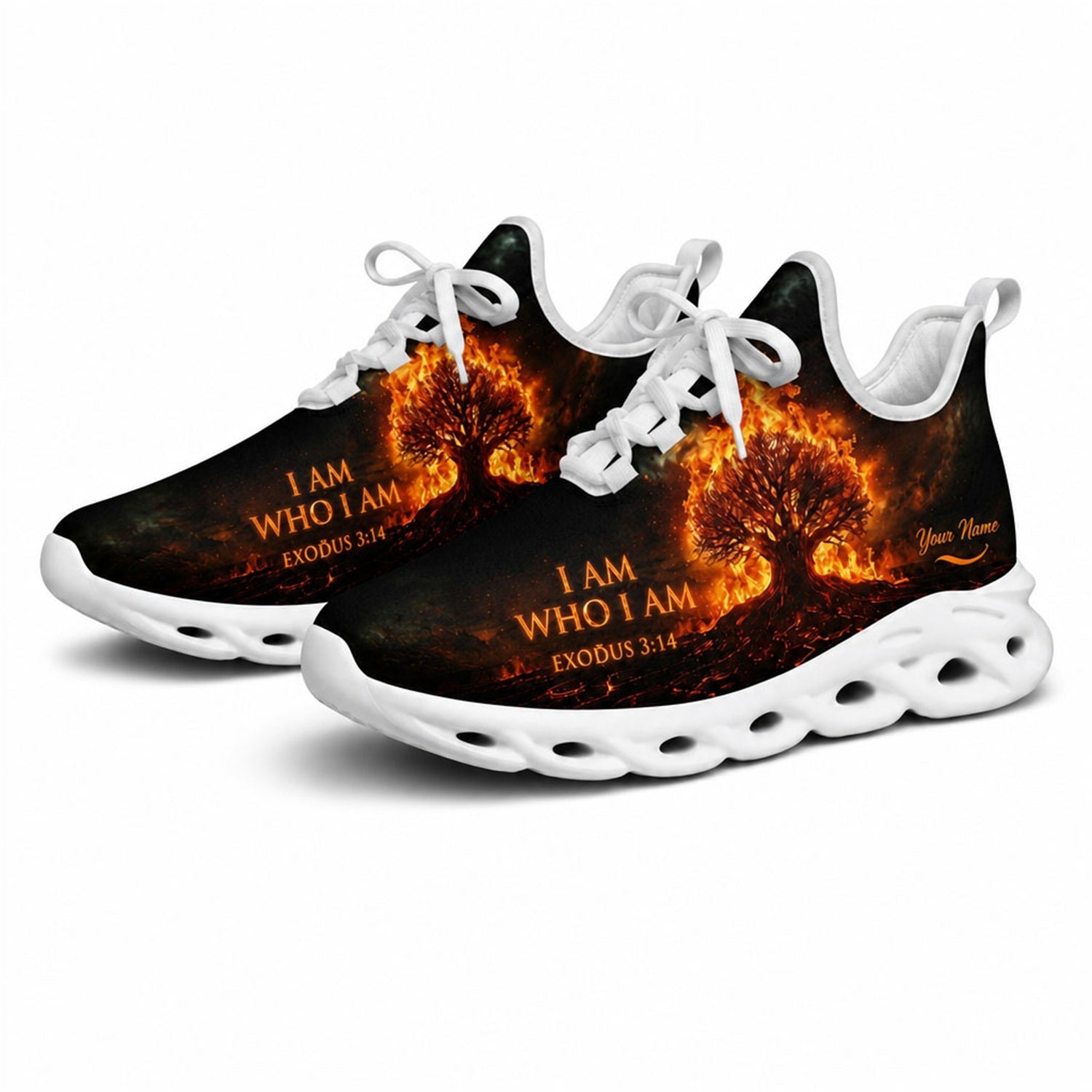 Studio 3/4 angle of Jesus Christ active footwear with intense orange flaming tree graphics on white soles