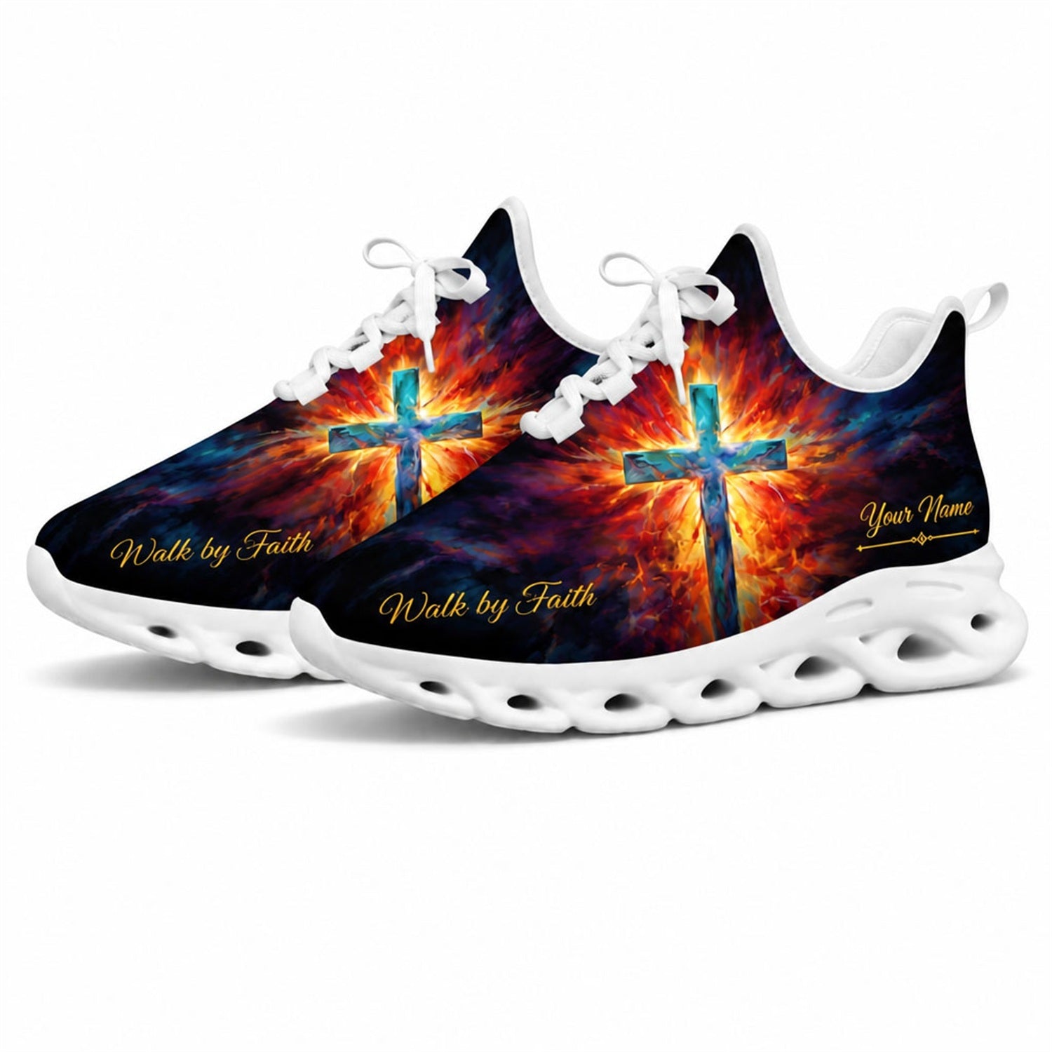 Studio 3/4 angle of Jesus Christ gym sneakers featuring an explosion cross design on white soles