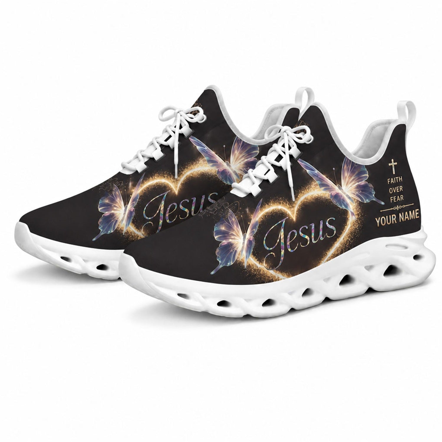 Studio 3/4 angle of Jesus Christ faith over fear sports sneakers with flexible white running soles
