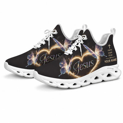 Studio 3/4 angle of Jesus Christ faith over fear sports sneakers with flexible white running soles