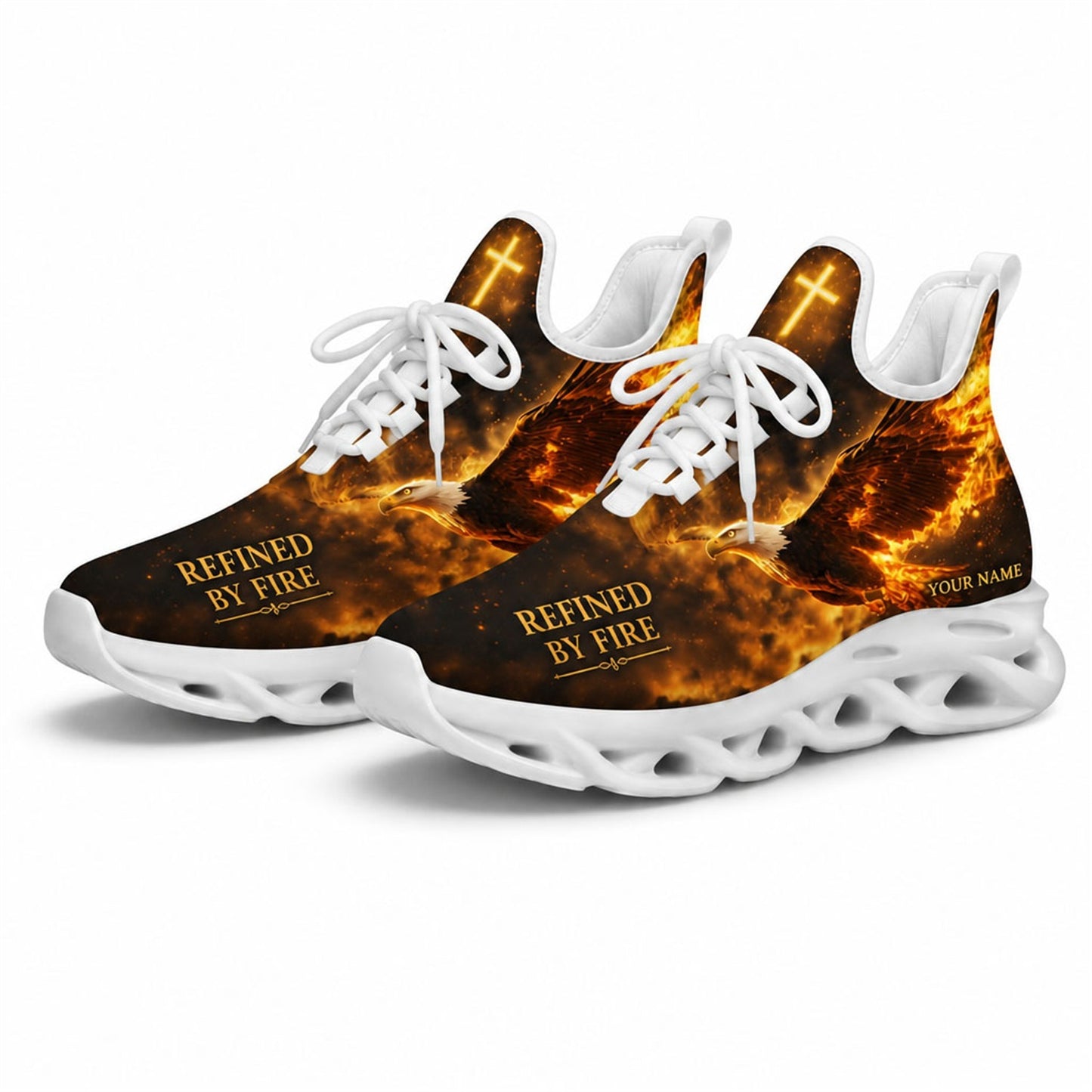 Studio 3/4 angle of the Jesus Christ fiery eagle sports sneakers with white soles, displaying the detailed high-resolution flame graphics