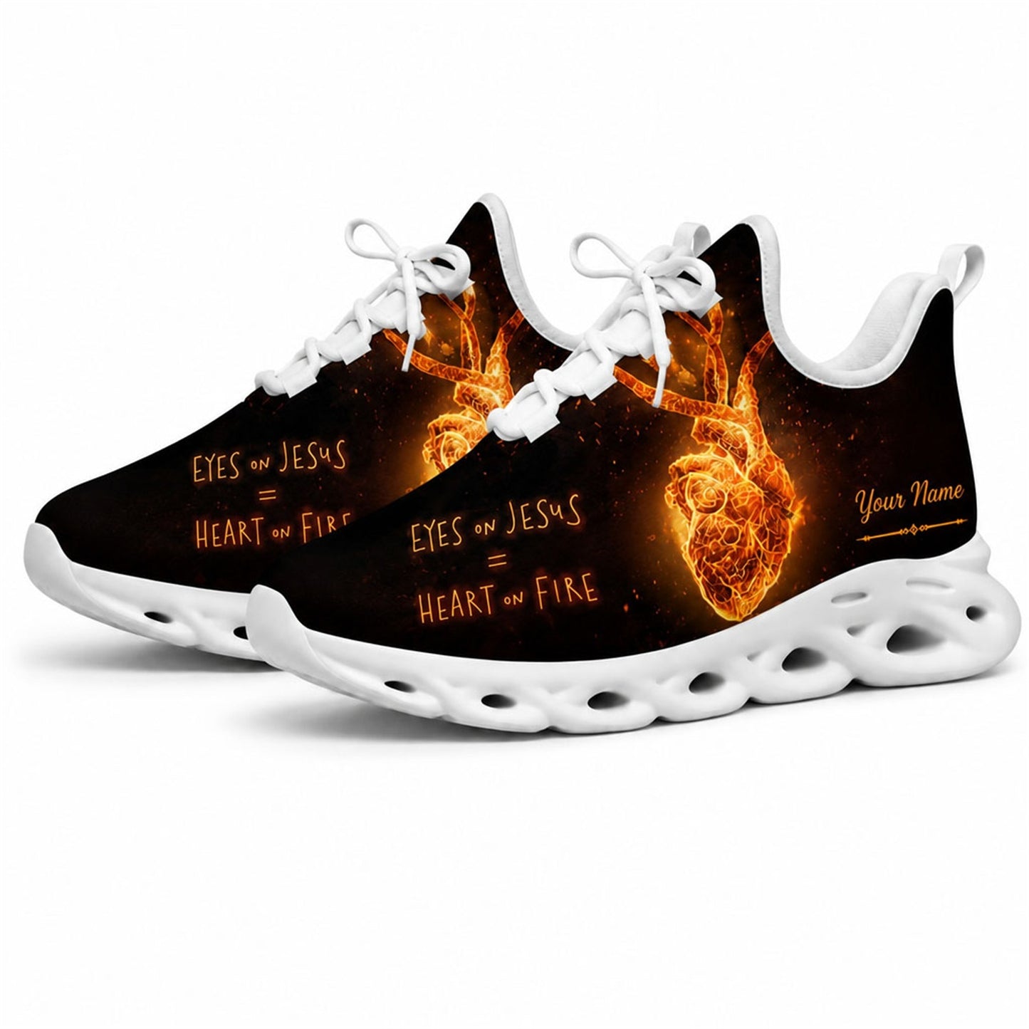 Studio 3/4 angle of Jesus Christ gym sneakers featuring a burning heart graphic on white soles