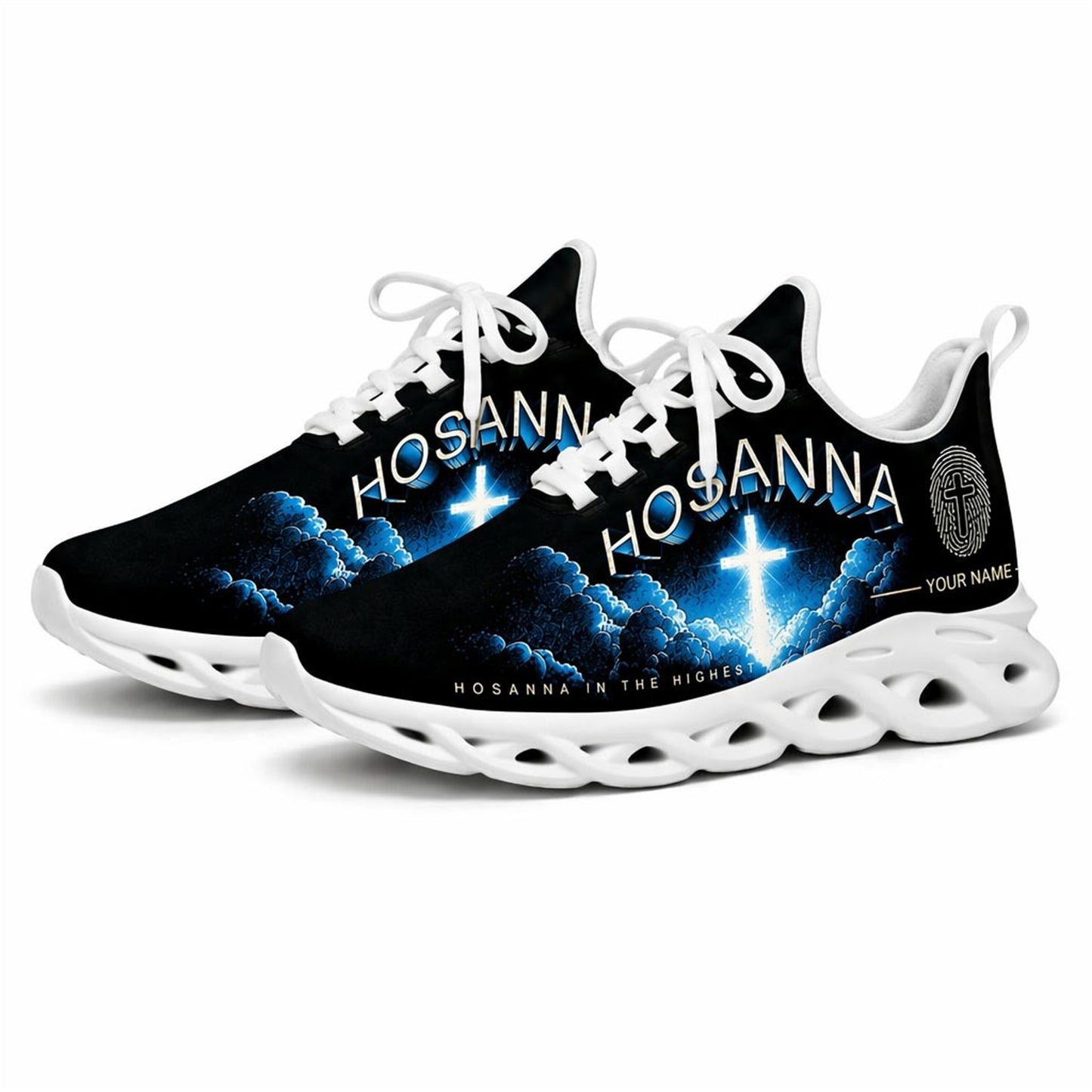 Studio 3/4 angle of Jesus Christ sports sneakers featuring the unique fingerprint cross graphic on white soles