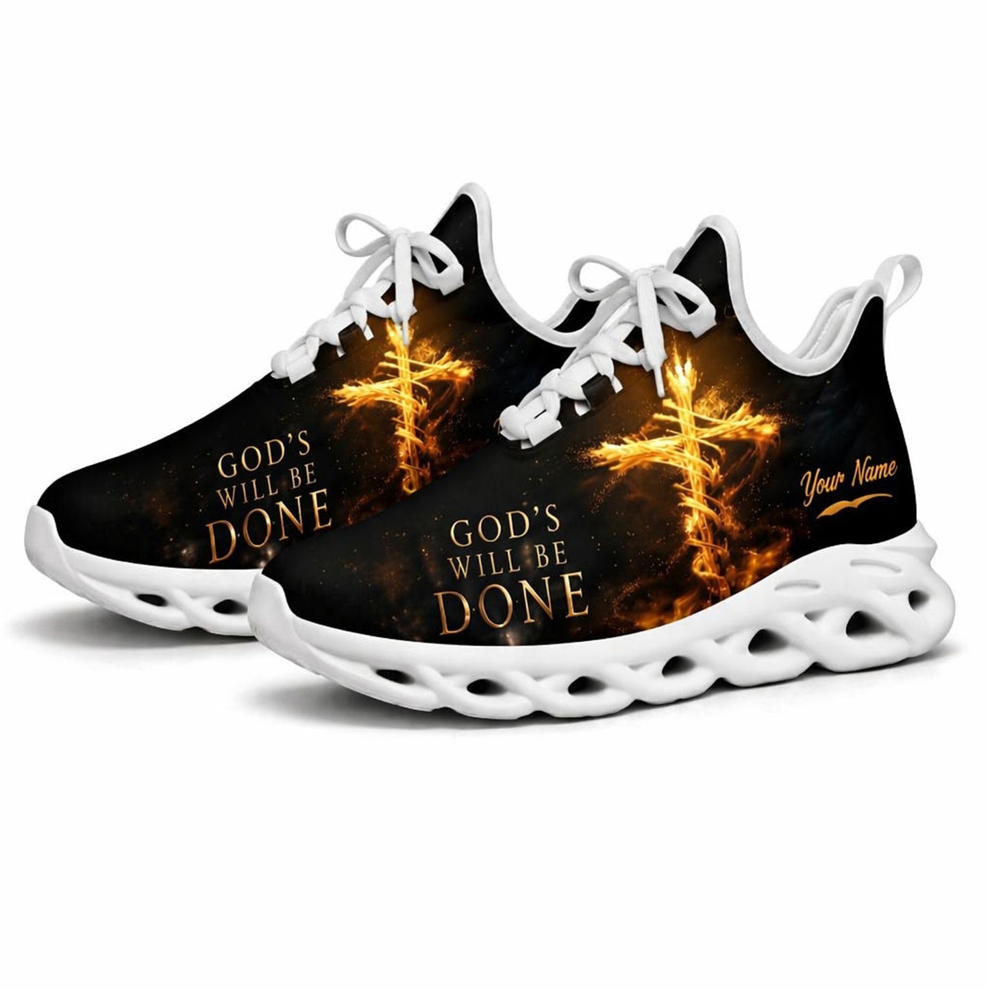 Studio 3/4 angle of Jesus Christ sports shoes featuring an illuminated fire cross graphic on white soles