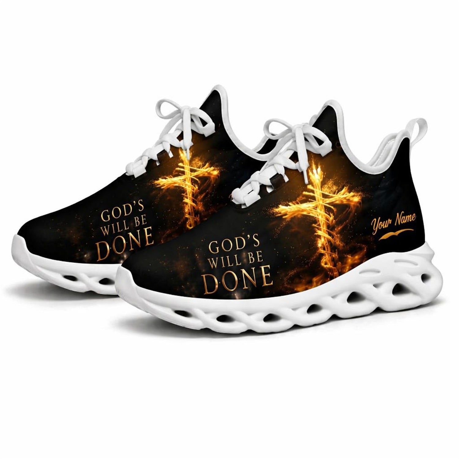 Studio 3/4 angle of Jesus Christ sports shoes featuring an illuminated fire cross graphic on white soles