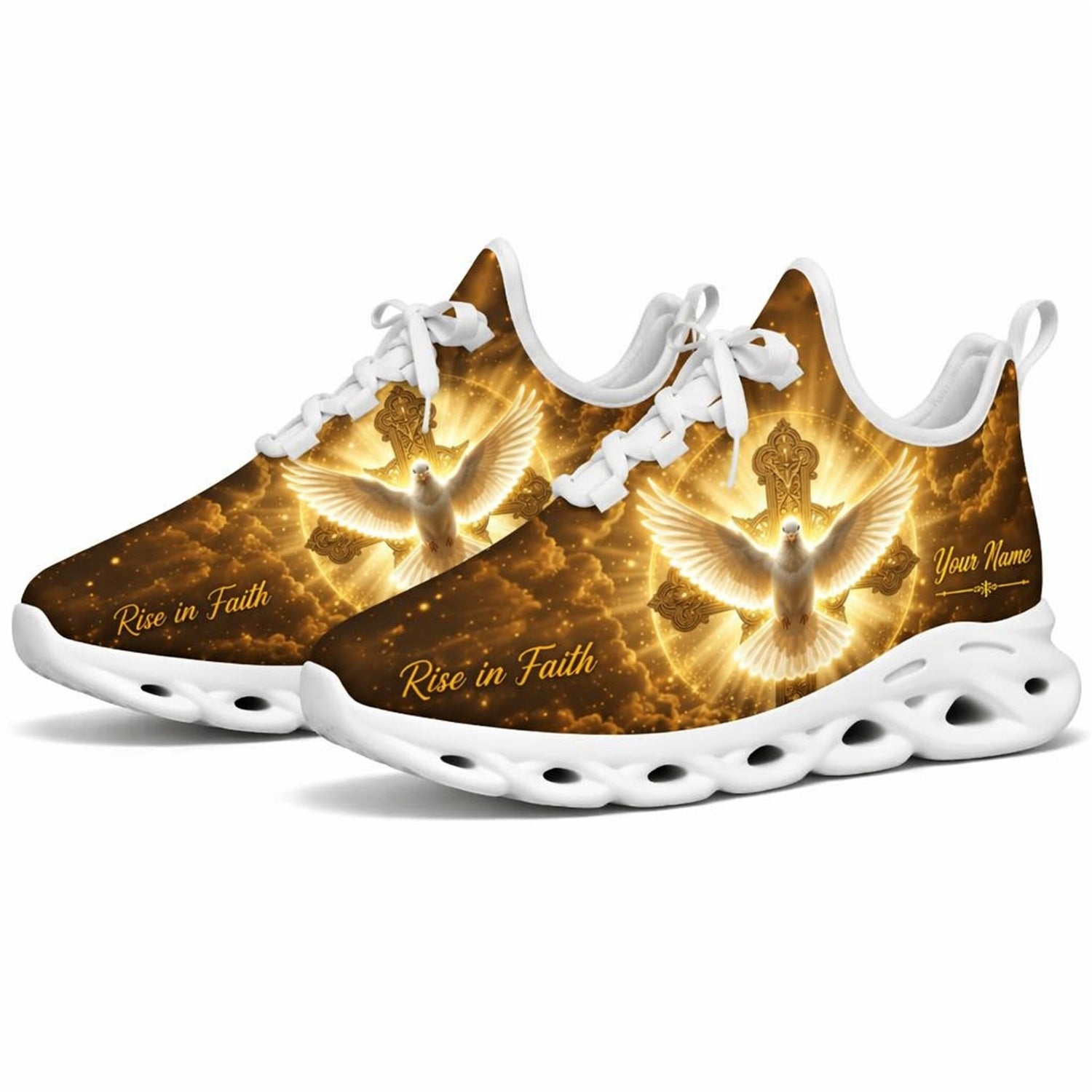 Studio 3/4 angle of Jesus Christ gym sneakers featuring a holy dove and golden cross on white soles