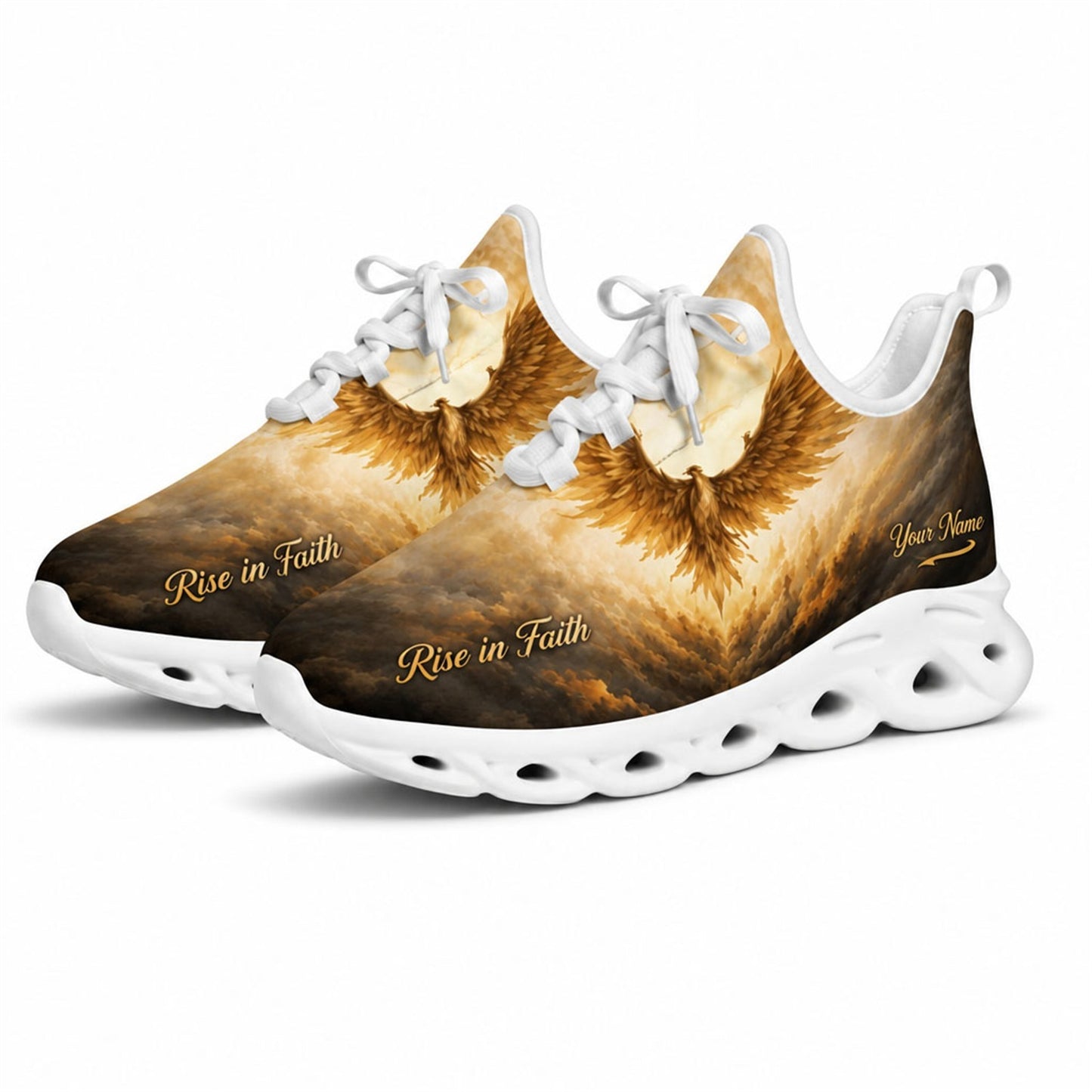 Studio 3/4 angle of Jesus Christ sports shoes featuring an illuminated gold eagle design on white soles