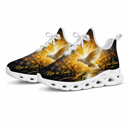 Studio 3/4 angle of Jesus Christ gym sneakers featuring a holy dove in an autumn forest on white soles
