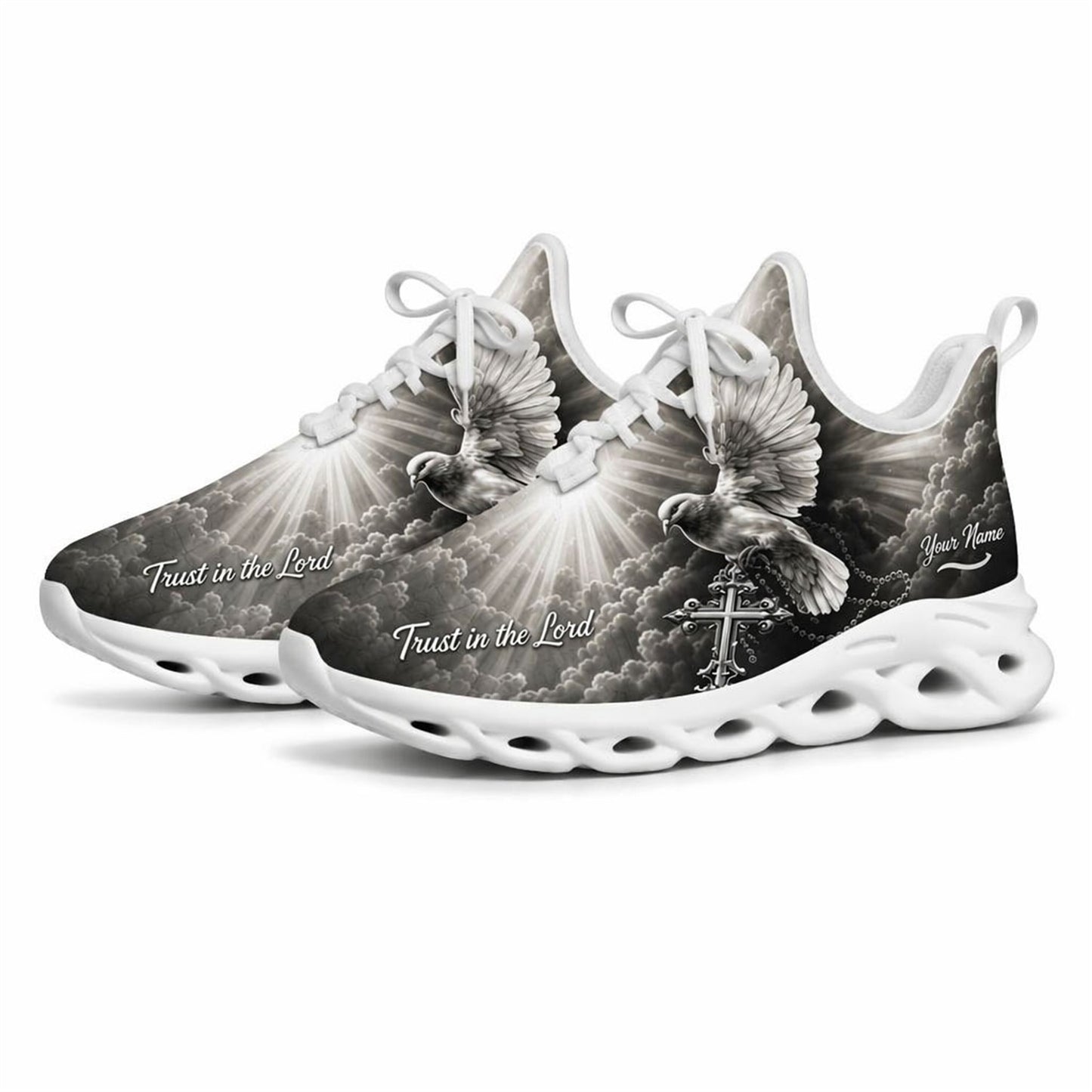 Studio 3/4 angle of Jesus Christ gym sneakers featuring an artistic monochrome faith design on white soles