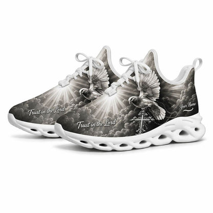 Studio 3/4 angle of Jesus Christ gym sneakers featuring an artistic monochrome faith design on white soles