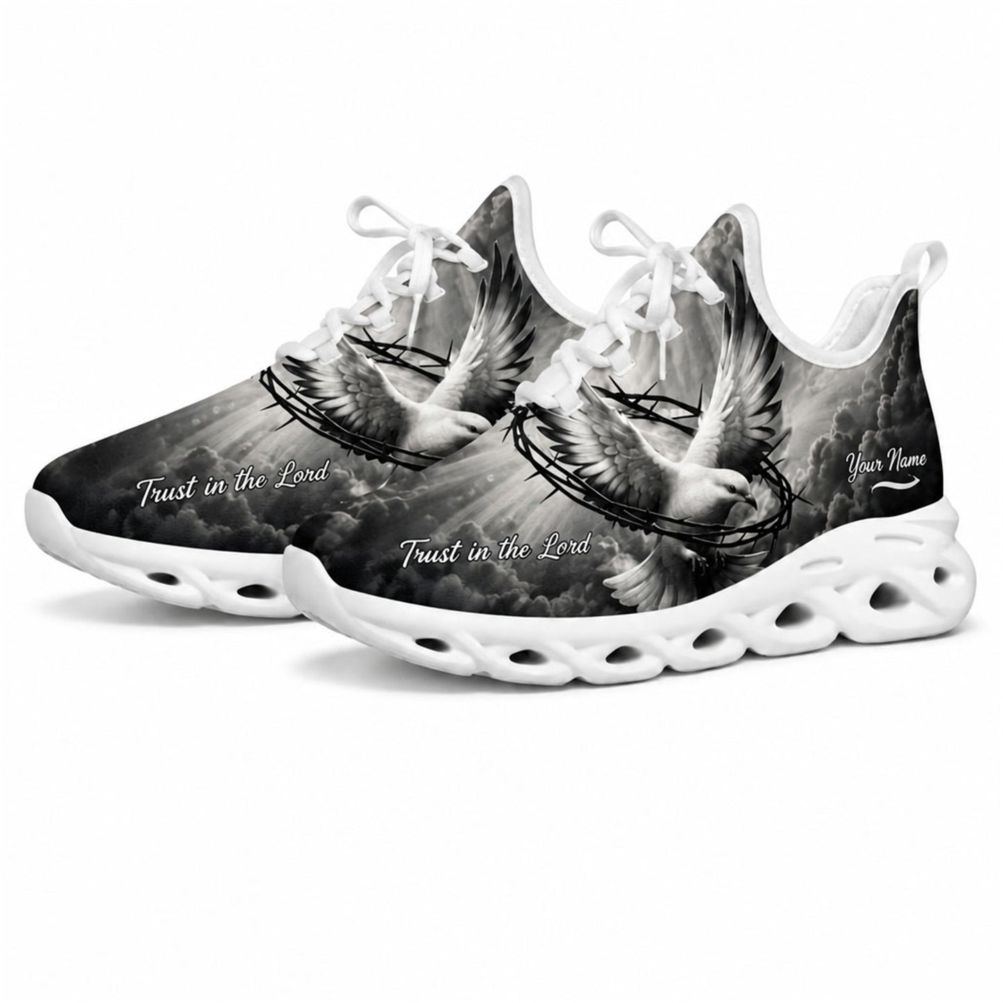 Studio 3/4 angle of Jesus Christ gym sneakers featuring an artistic monochrome faith design on white soles