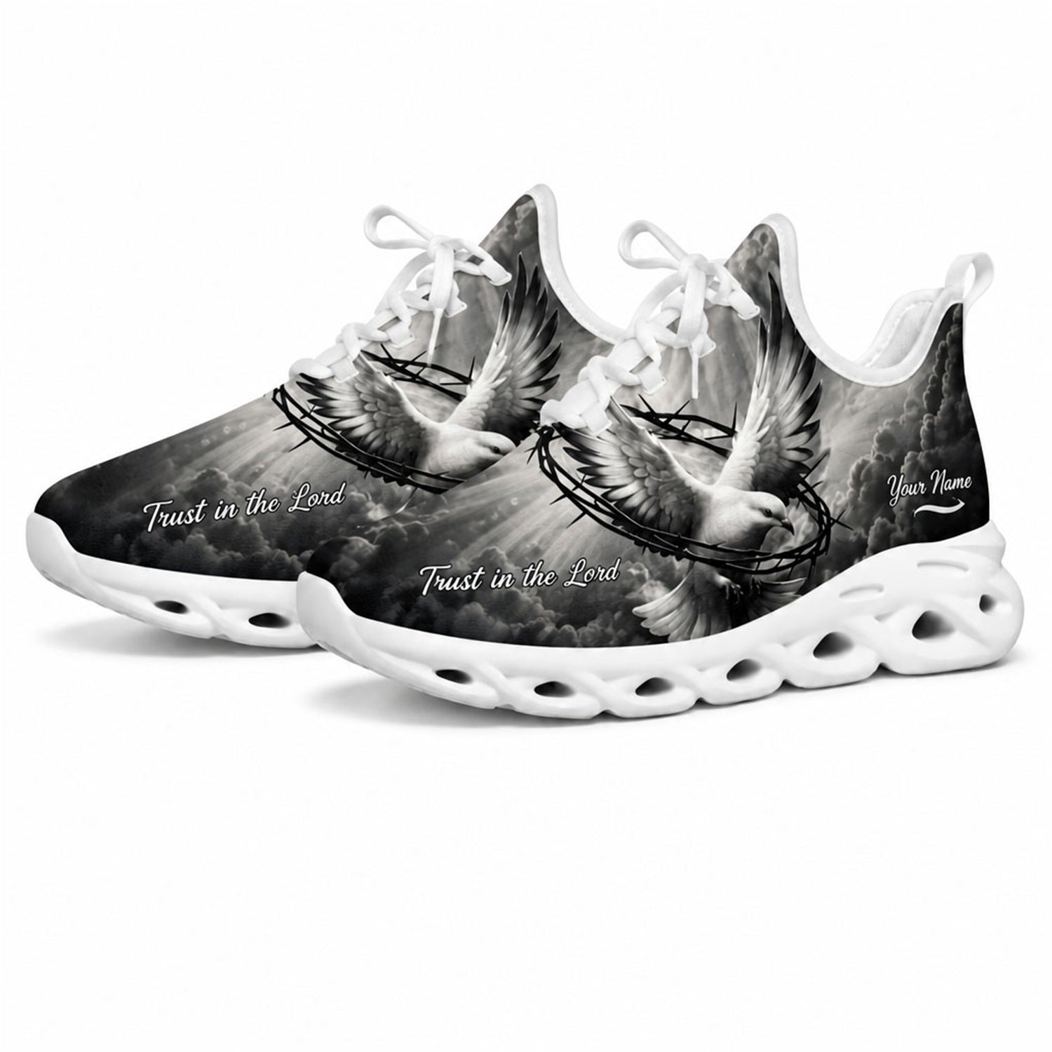 Studio 3/4 angle of Jesus Christ gym sneakers featuring an artistic monochrome faith design on white soles