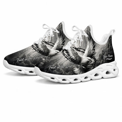 Studio 3/4 angle of Jesus Christ gym sneakers featuring an artistic monochrome faith design on white soles