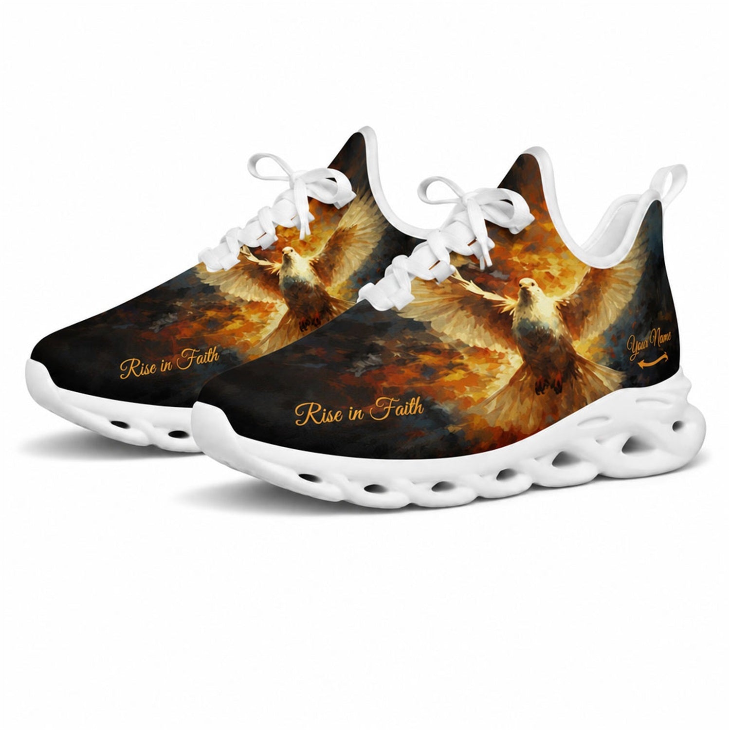 Studio 3/4 angle of Jesus Christ sports shoes featuring an illuminated abstract fire dove design on white soles