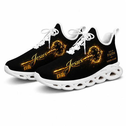 Studio 3/4 angle of Jesus Christ gym sneakers featuring a golden key graphic on white soles