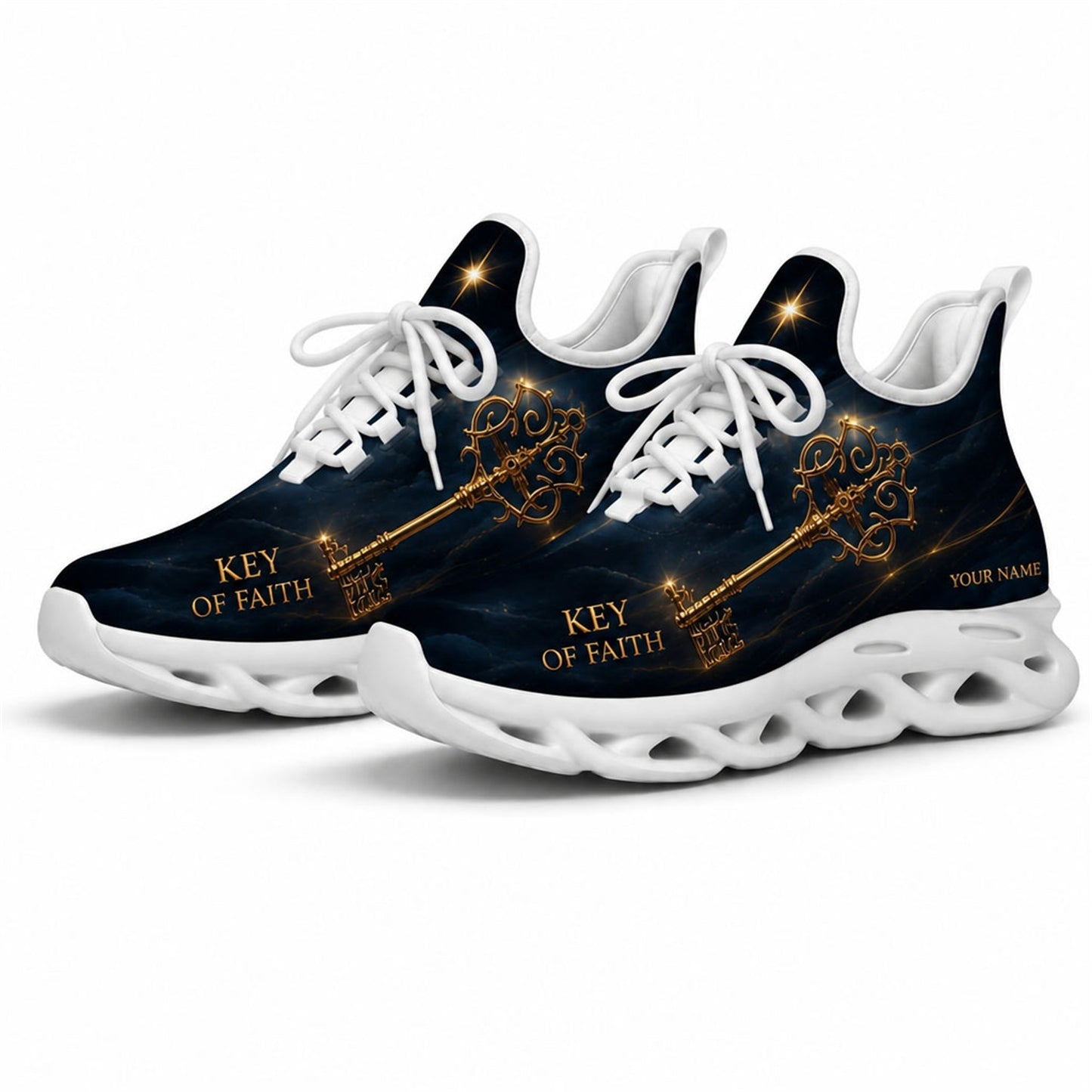 Studio 3/4 angle of Jesus Christ Key of Faith sports sneakers with flexible white traction soles