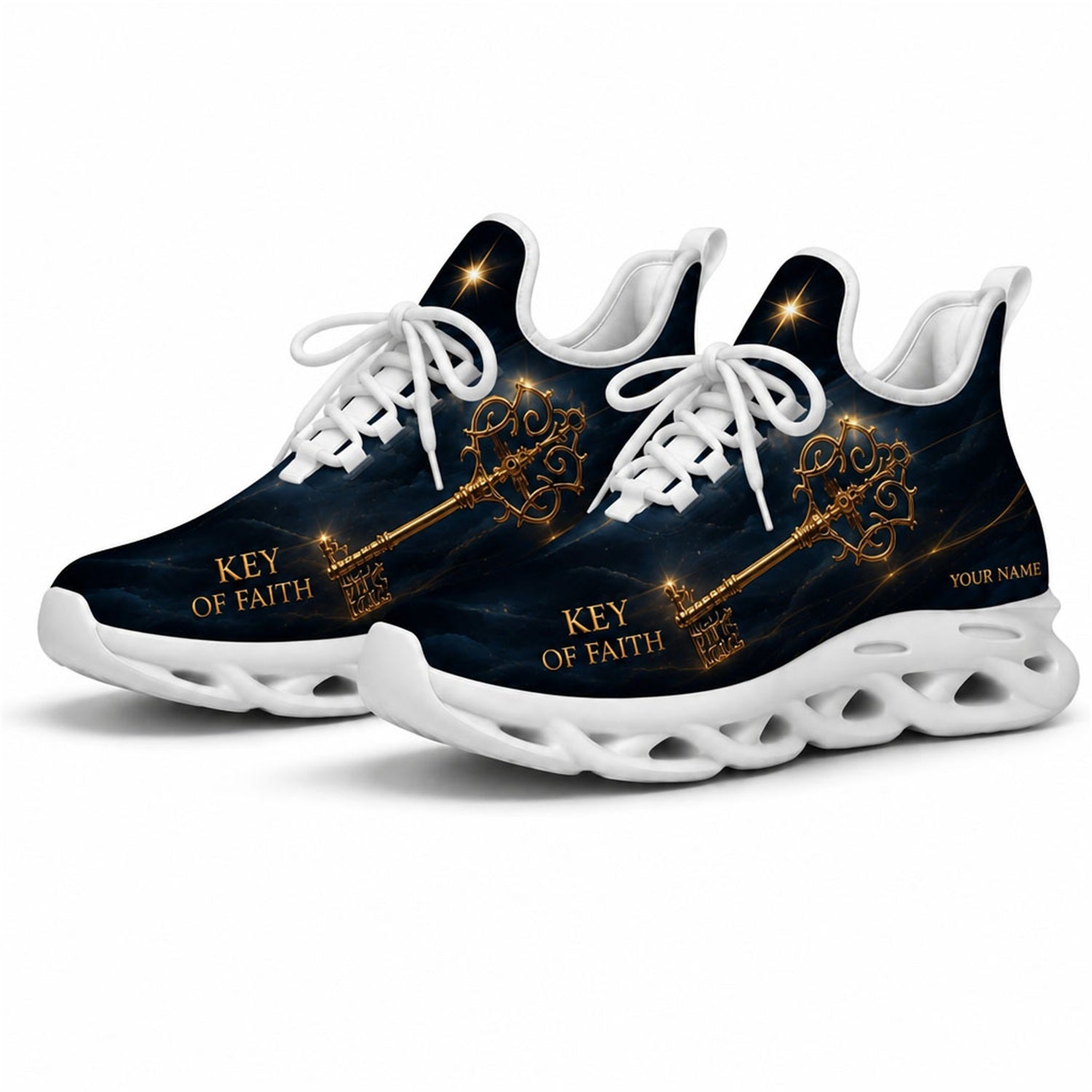 Studio 3/4 angle of Jesus Christ Key of Faith sports sneakers with flexible white traction soles
