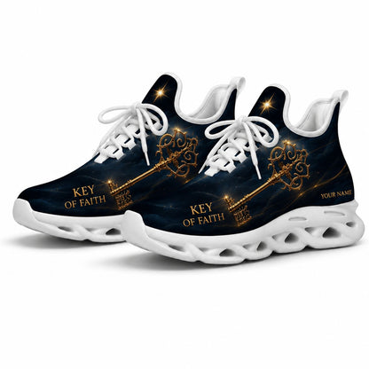 Studio 3/4 angle of Jesus Christ Key of Faith sports sneakers with flexible white traction soles