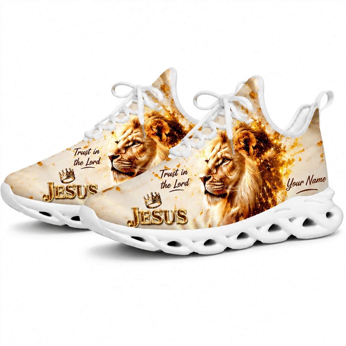 Studio 3/4 angle of Jesus Christ sports sneakers featuring gold splatter lion graphics on white outsoles