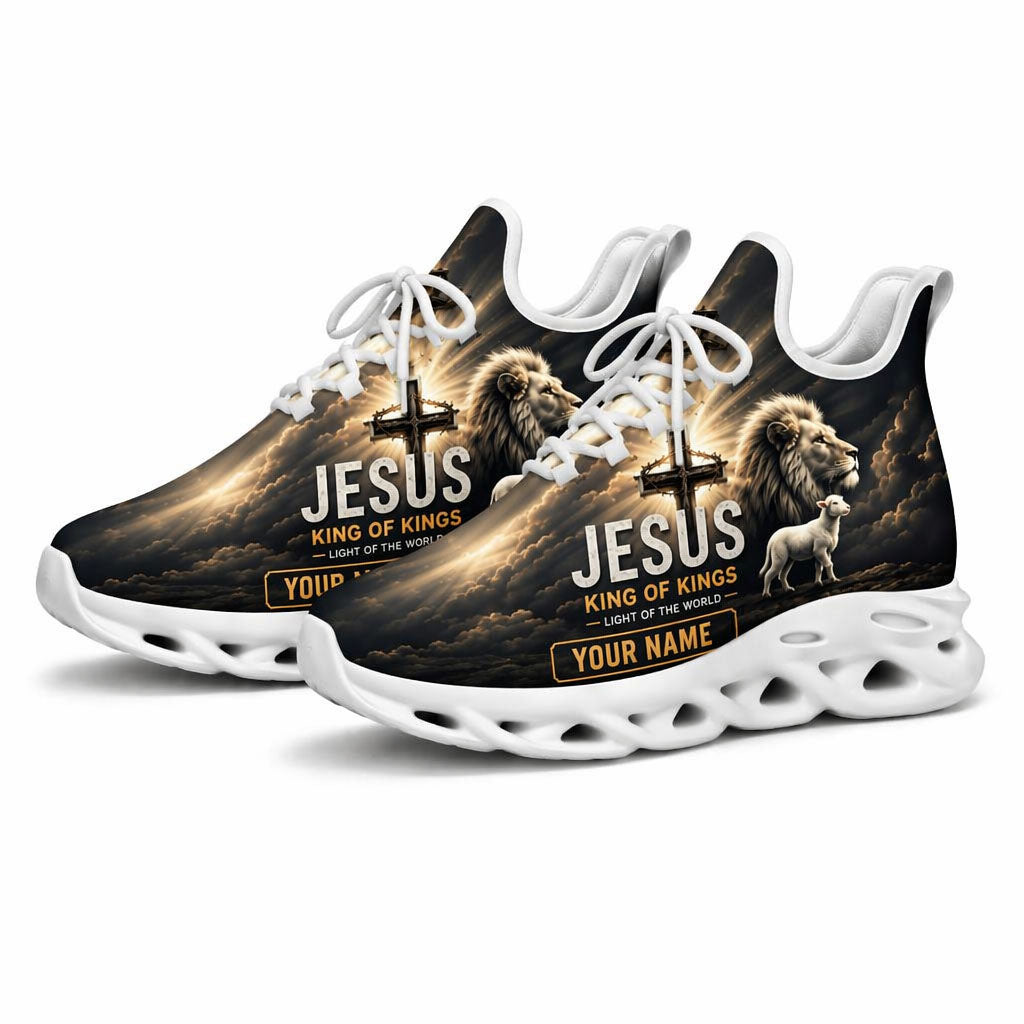 Studio 3/4 angle of the Jesus Christ King of Kings sports sneakers with white soles, showing the breathable fly-knit mesh fabric structure