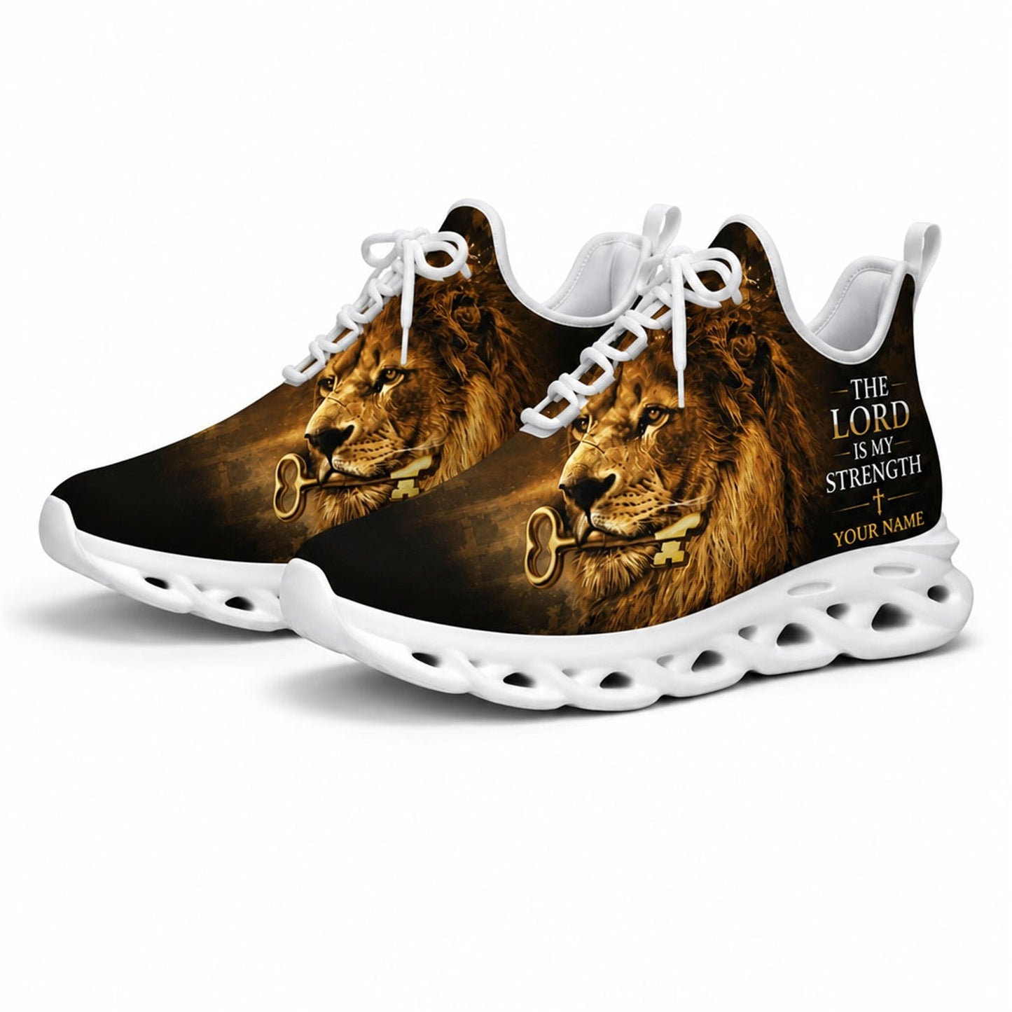 Studio 3/4 angle of Jesus Christ Lion of Judah holy key sports sneakers with flexible white soles